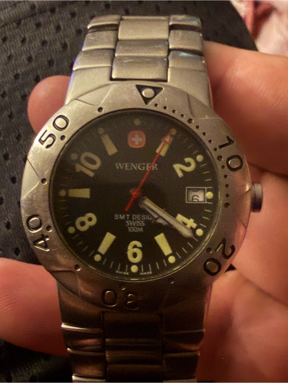 Wenger Stainless Steel Watch with Black Dial and Red Seconds Hand